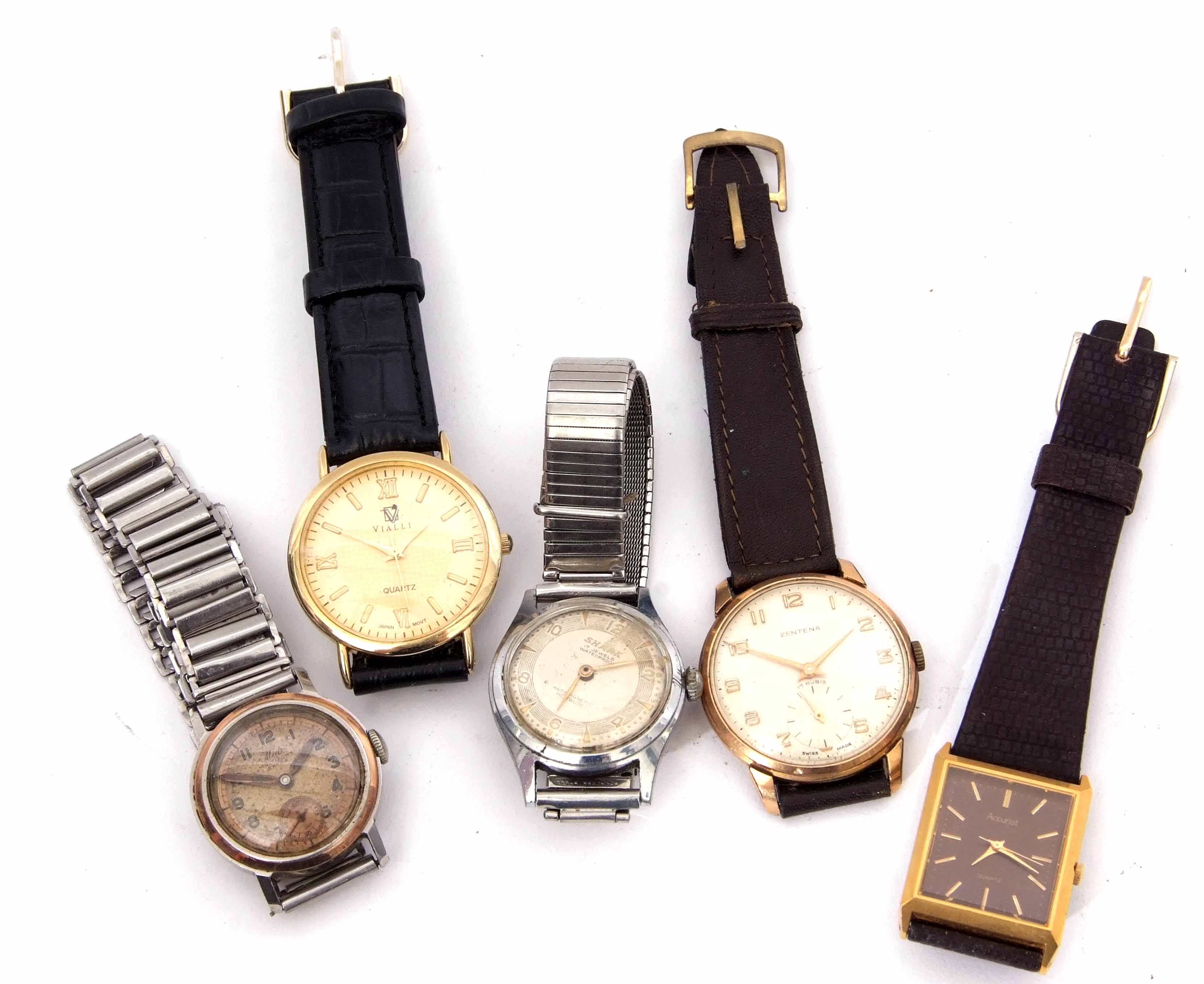 Mixed Lot: comprising five various wrist watches including Zentena, Vialli, Accurist, Mido, and