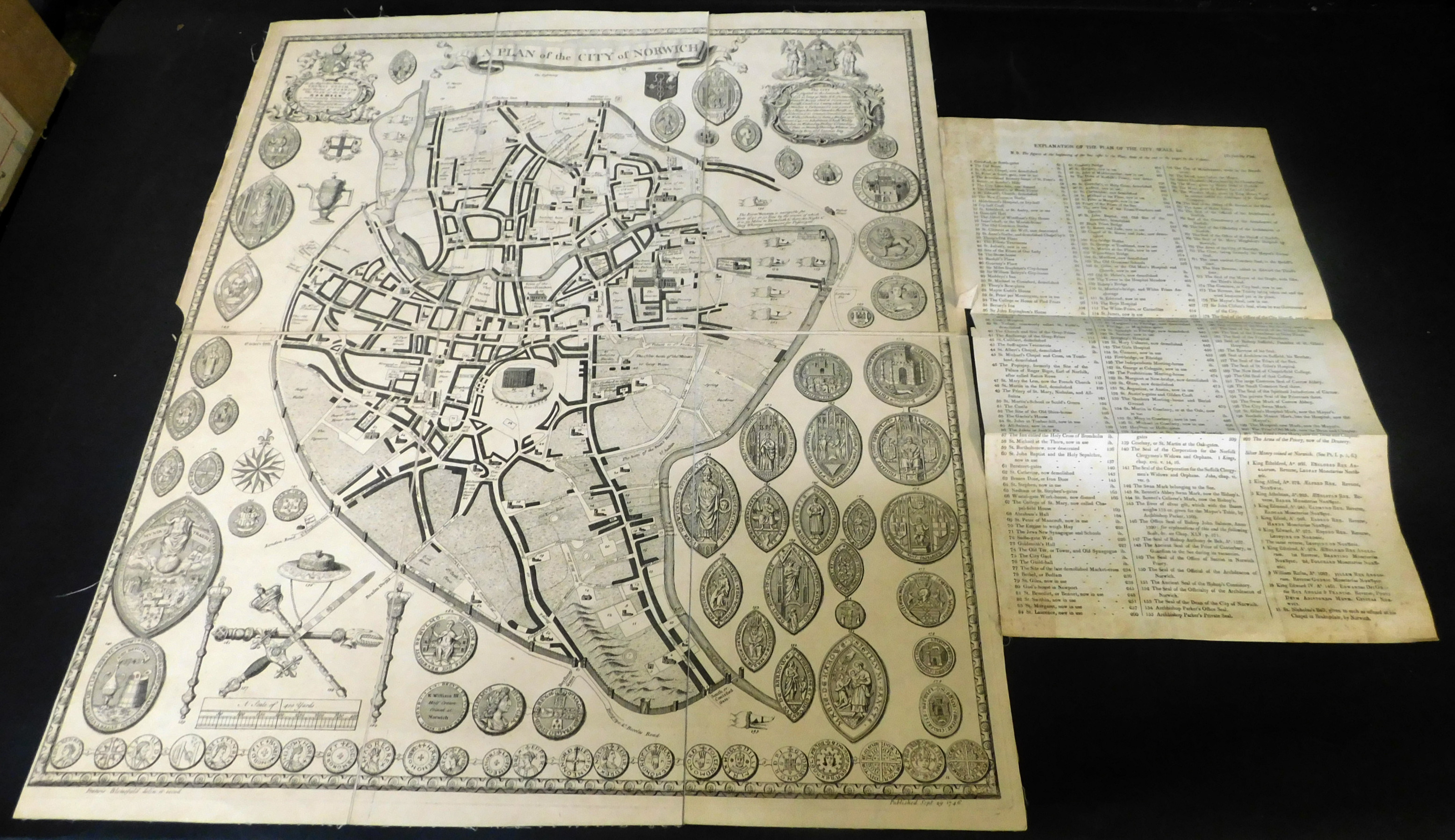 PLAN OF THE CITY OF NORWICH, folding engraved plan with ornamental seals, 1746, from BLOMEFIELDS: AN