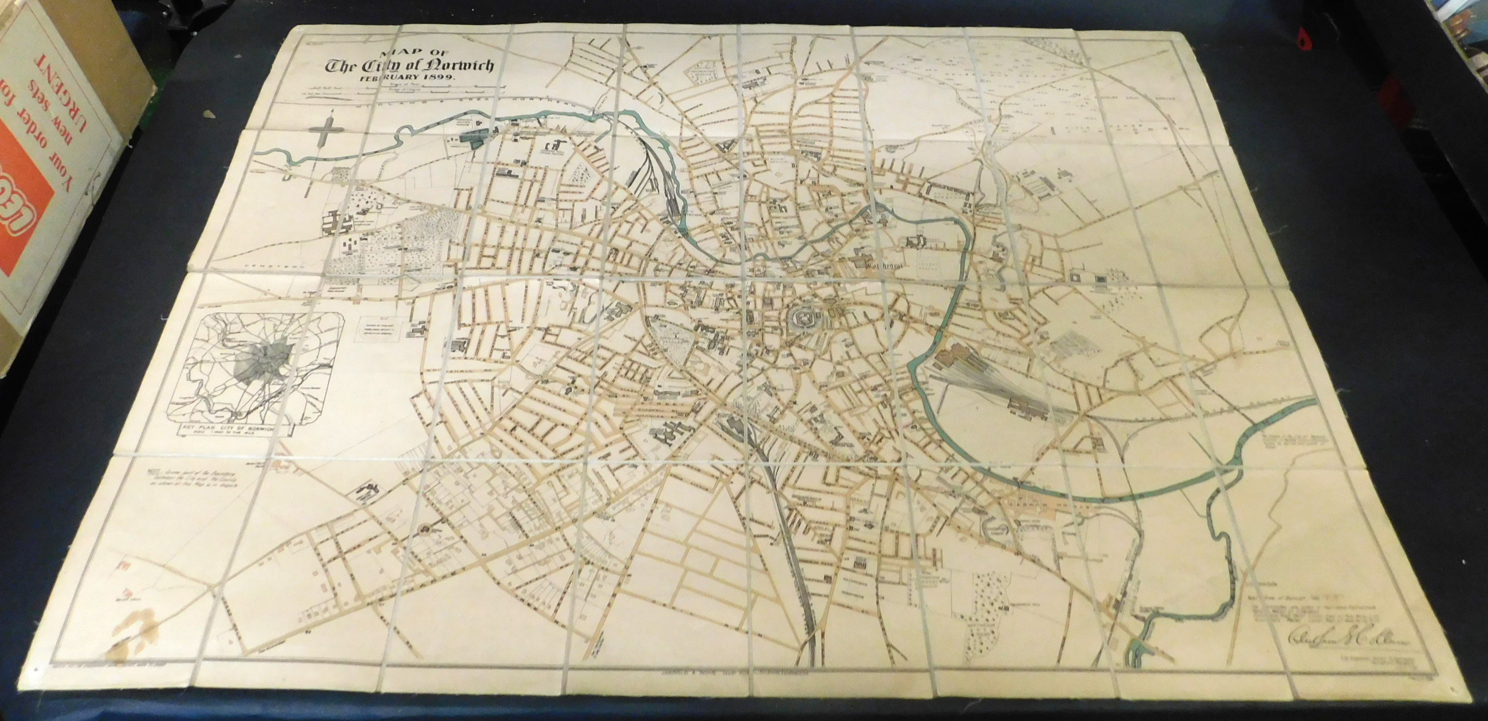JARROLD & SONS (pub): MAP OF THE CITY OF NORWICH FEBRUARY 1899, hand coloured litho folding map