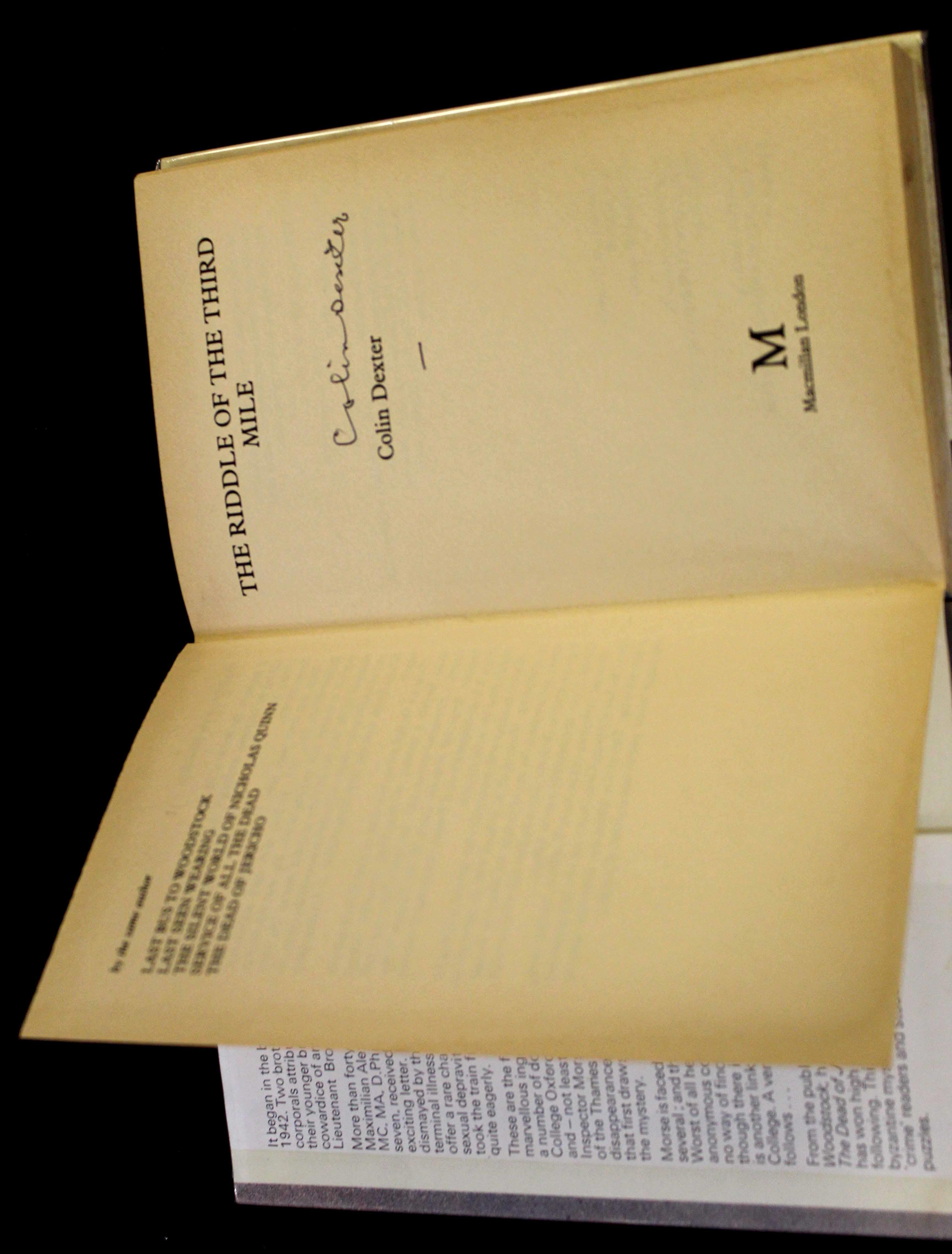 COLIN DEXTER: THE RIDDLE OF THE THIRD MILE, London, MacMillan, 1983, 1st edition, signed, original - Image 2 of 2