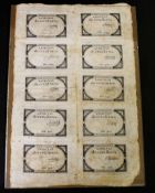 France Assignhas 1793 Cinque Livre bank note, uncut sheet of ten, series 13252, ten different