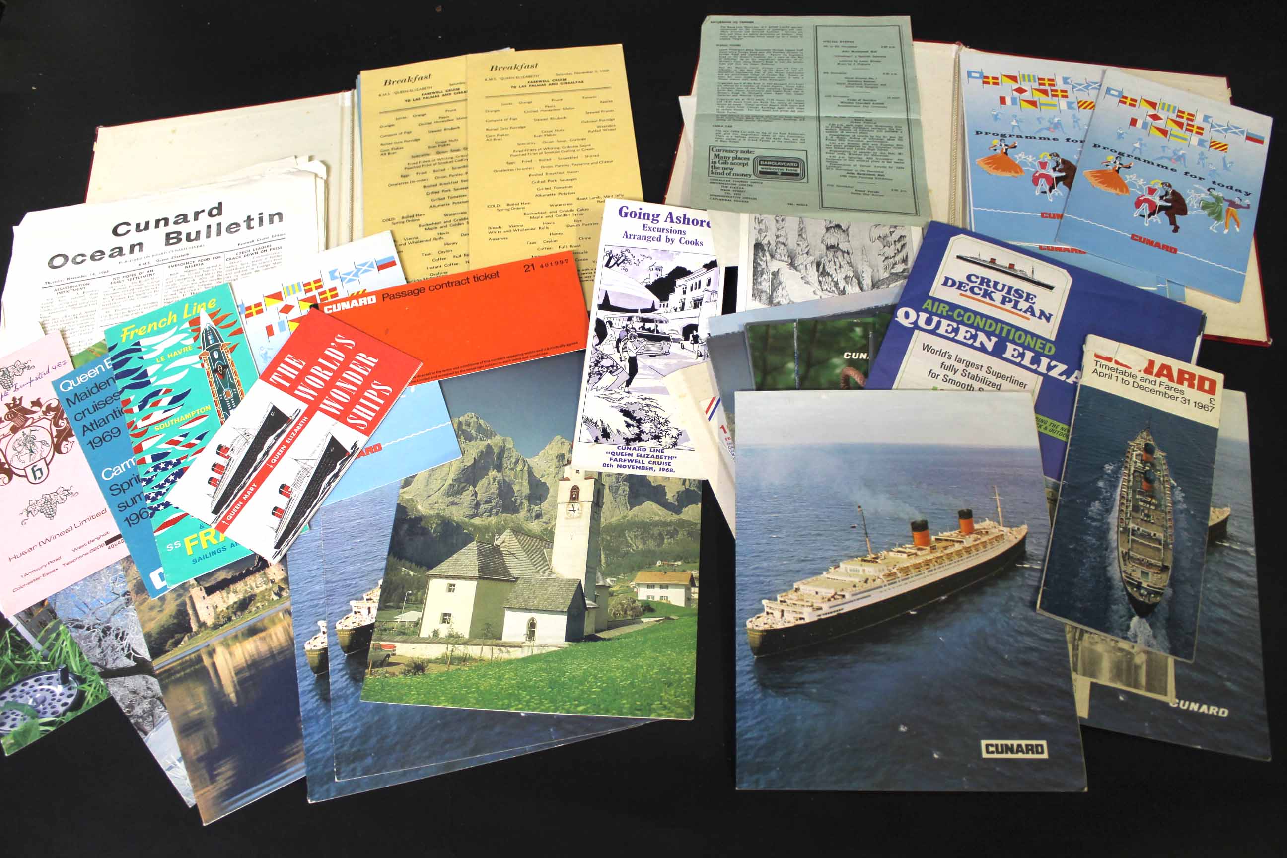 Packet Cunard RMS "Queen Elizabeth" 1968 final cruise menu cards, programmes, relevant ephemera