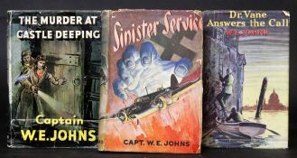 W E JOHNS: 3 titles: SINISTER SERVICE, 1942, 1st edition, original cloth, dust wrapper; DOCTOR