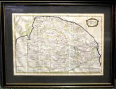 ROBERT MORDEN: NORFOLK, engraved and coloured map [1695], framed and glazed, approx 600 x 400mm, 750