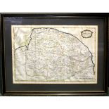 ROBERT MORDEN: NORFOLK, engraved and coloured map [1695], framed and glazed, approx 600 x 400mm, 750