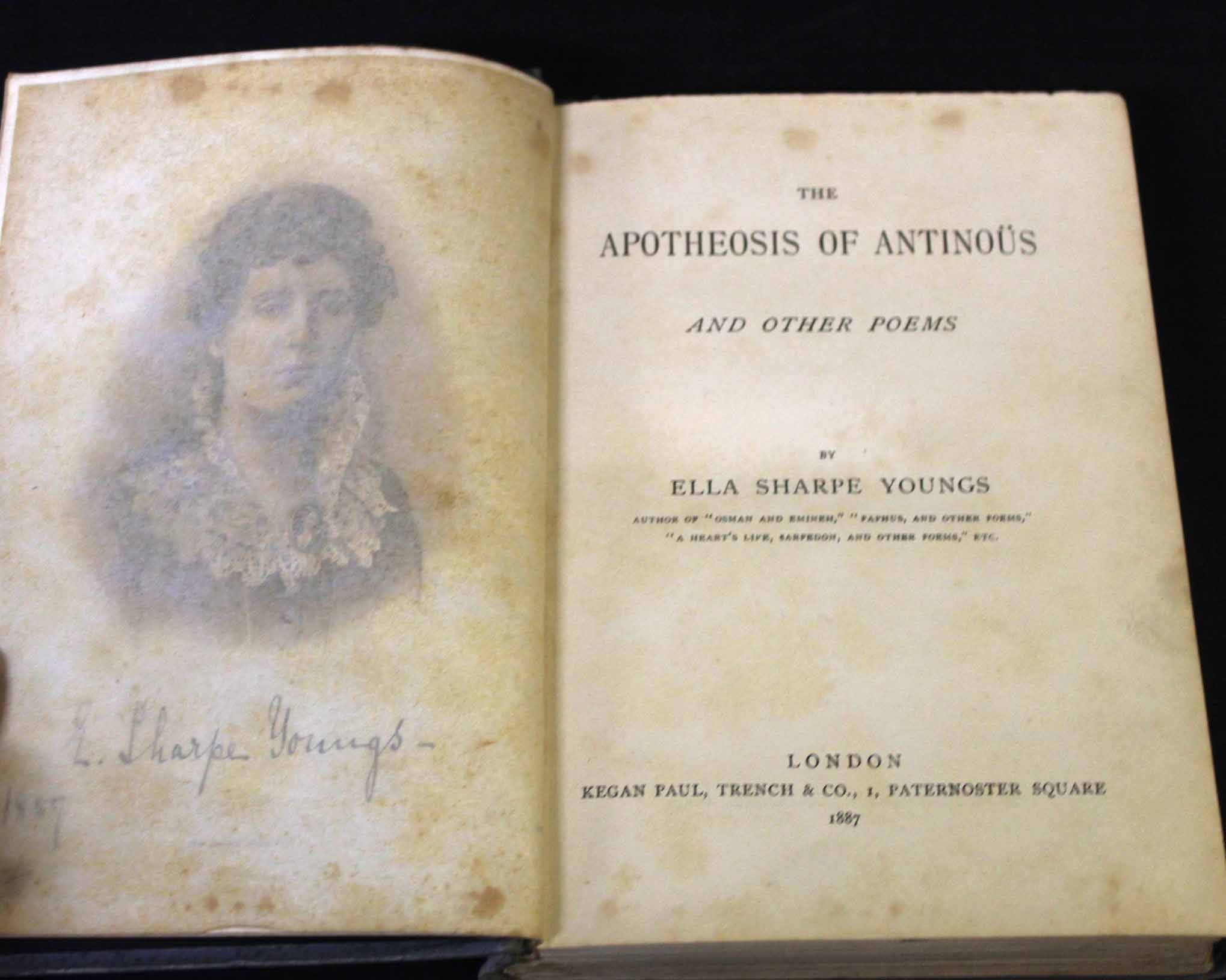 ELLA SHARPE YOUNGS: THE APOTHEOSIS OF ANTINOUS AND OTHER POEMS, London, Keegan Paul Trench & Co,