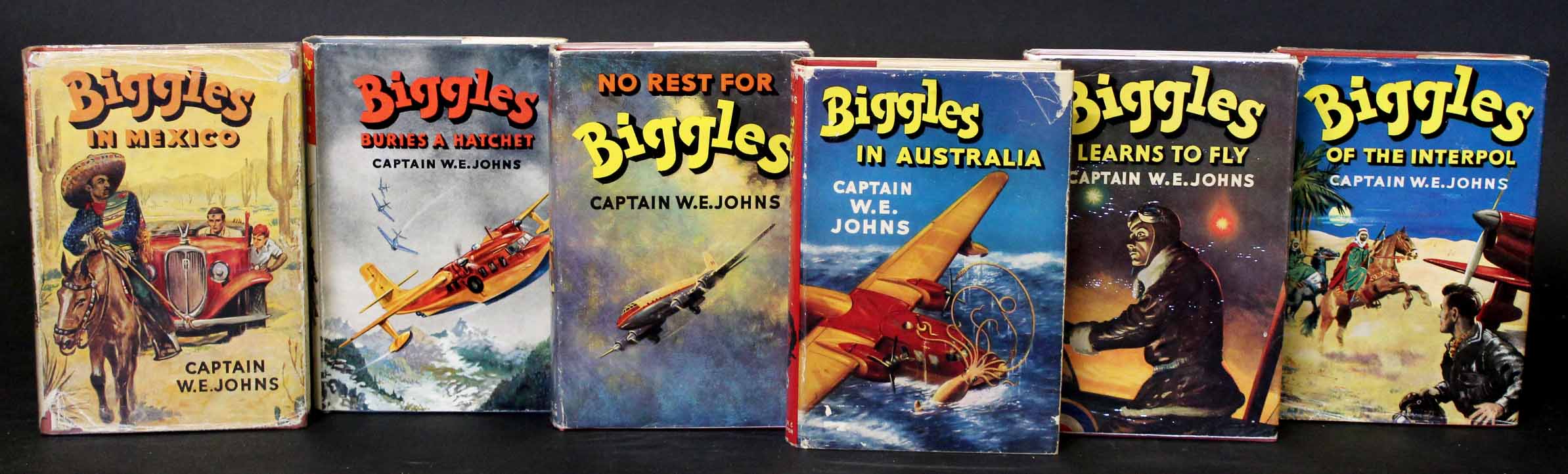 W E JOHNS: 6 titles: BIGGLES IN AUSTRALIA, 1955, 1st edition, original cloth, dust wrapper;