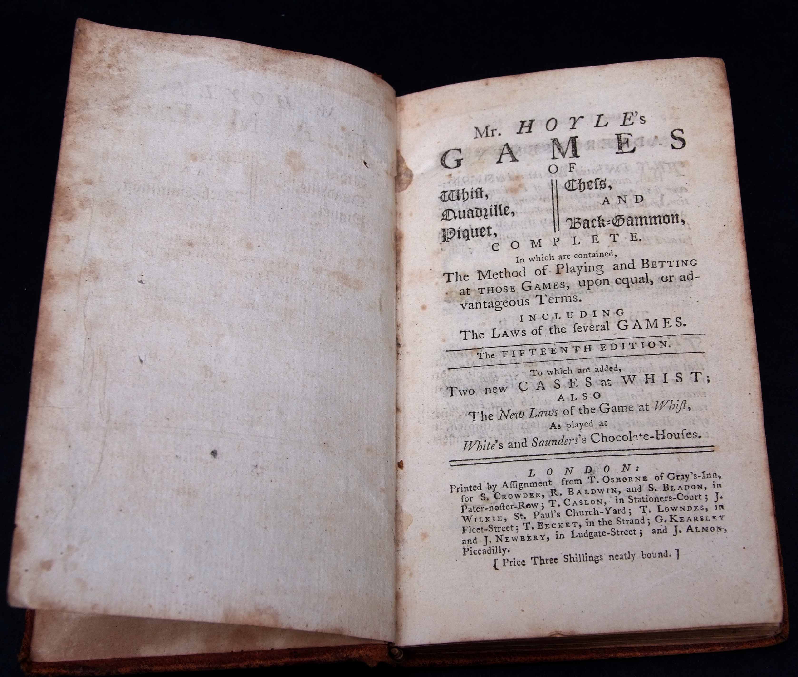 EDMUND HOYLE: MR HOYLE'S GAMES,,,, London [1770], 15th edition, stamped wood cut signature verso