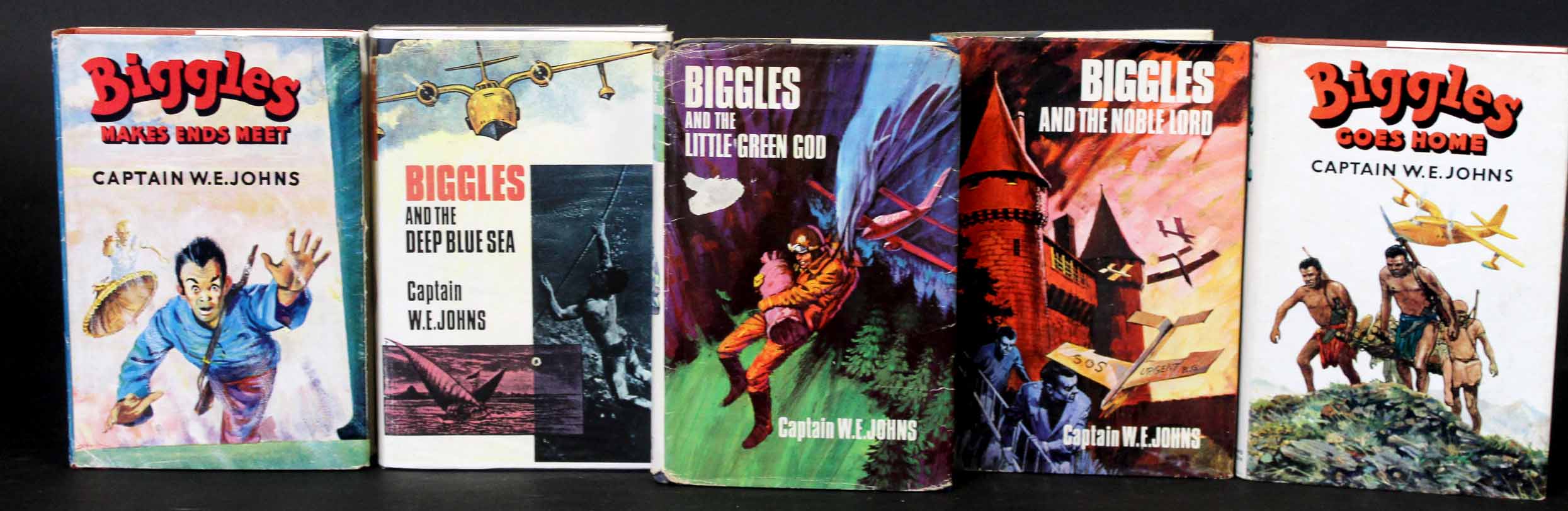 W E JOHNS: 5 titles: all ex-lib: BIGGLES MAKES ENDS MEET, 1957, 1st edition, original cloth, dust