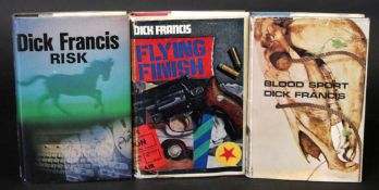 DICK FRANCIS: 3 titles: FLYING FINISH, 1966, 1st edition, signed, original cloth, dust wrapper;