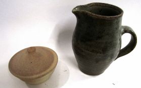 St Ives Pottery Studio jug and a further St Ives Pottery dish and cover, both with seal marks for St