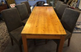 Pine dining table and six chairs, leather upholstery by The Cotswold Company, dining table 183cm