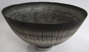 Studio ceramic bowl with an incised black and white design, artist's monogram EB to base, 20cm diam