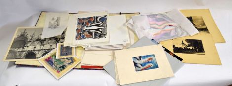 Folder of assorted watercolours, photographs, prints etc by various artists