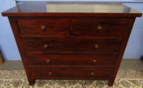 Reproduction mahogany stained hardwood chest of two short and three full width drawers, 92cm wide