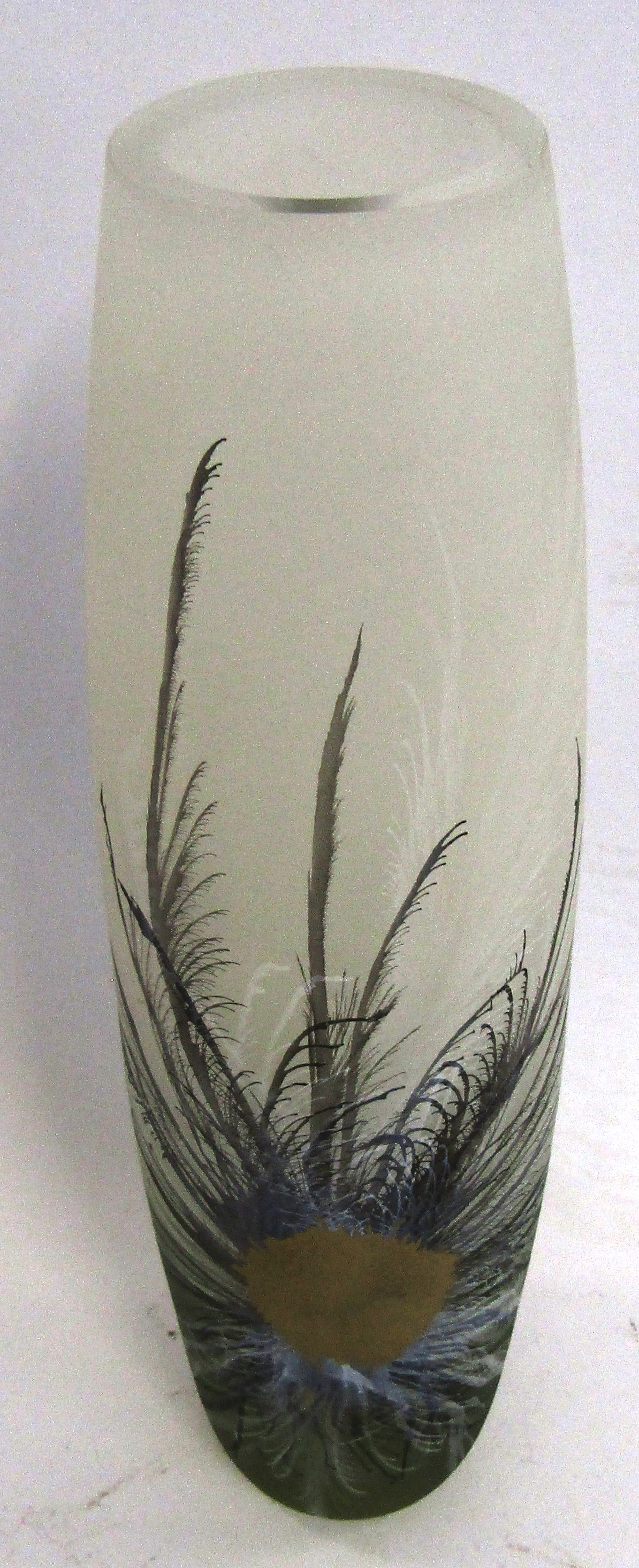 Glass vase of cylindrical form painted with a feather like design in colours of white and grey, with - Image 2 of 2