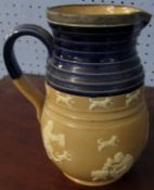 Royal Doulton Lambeth stoneware jug moulded with figures and animals, mounted with a hallmarked