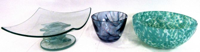 Group of Art glass wares including a green glass bowl with mottled effect and a clear glass tazza