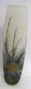 Glass vase of cylindrical form painted with a feather like design in colours of white and grey, with