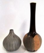 Group of two Studio Pottery vases one with tall slender neck with two-tone brown glazed design,