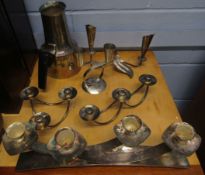 Silver plated four sconce candelabra, various other candlesticks etc in a similar taste, and a