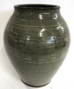 Large stoneware baluster vase with the ribbed body with a grey mottled design, the base stamped "