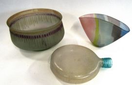 Art Glass including a ribbed glass flask, bowl and a further vase with streaked coloured design in