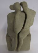 Peter Wright (1919-2003) Stoneware sculpture of a male and female seated on a plinth, signed to