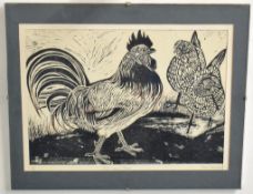 Jean Hinde (20th century), "Cock and Hens", linocut, signed, numbered 1/2 and inscribed with title