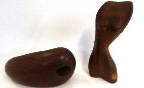 Two wooden carvings by John Fox, one of a female form, the other an abstract, both with labels for