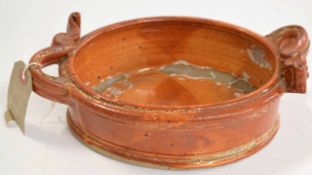Walter Keeler (b 1942) Stoneware dish with applied handles, terracotta glaze, 25 cm wide
