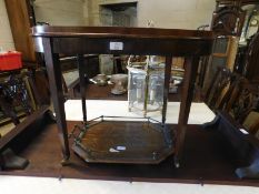 EDWARDIAN MAHOGANY AND INLAID TWO HANDLED TRAY ON STAND WITH SMALL BRASS CASTERS TOGETHER WITH A