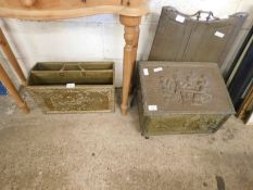 PRESSED BRASS COAL BOX TOGETHER WITH A FURTHER MAGAZINE RACK AND SPARK GUARD (3)