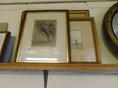 FRAMED ETCHING OF A WOODLAND SCENE, A FURTHER WATERCOLOUR OF A BARGE AND ONE OF A VILLAGE SCENE (3)