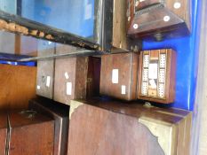 INLAID BRIDGE BOX TOGETHER WITH A FURTHER SMALLER MAHOGANY BOX AND TWO TEA CADDIES (4)