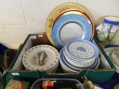 TRAY CONTAINING MODERN CHINA WARES, PORTMEIRION FISH DECORATED SERVING SET ETC