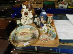 BOX CONTAINING A DOULTON HARVESTWARE JUG, STAFFORDSHIRE FIGURE GROUP, SIGNED ROYAL DOULTON PLATE,