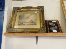 GOOD QUALITY GILT FRAMED PRINT OF A SHIP, TOGETHER WITH TWO MOTHER OF PEARL FRAMED PANELS