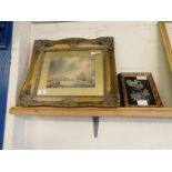 GOOD QUALITY GILT FRAMED PRINT OF A SHIP, TOGETHER WITH TWO MOTHER OF PEARL FRAMED PANELS