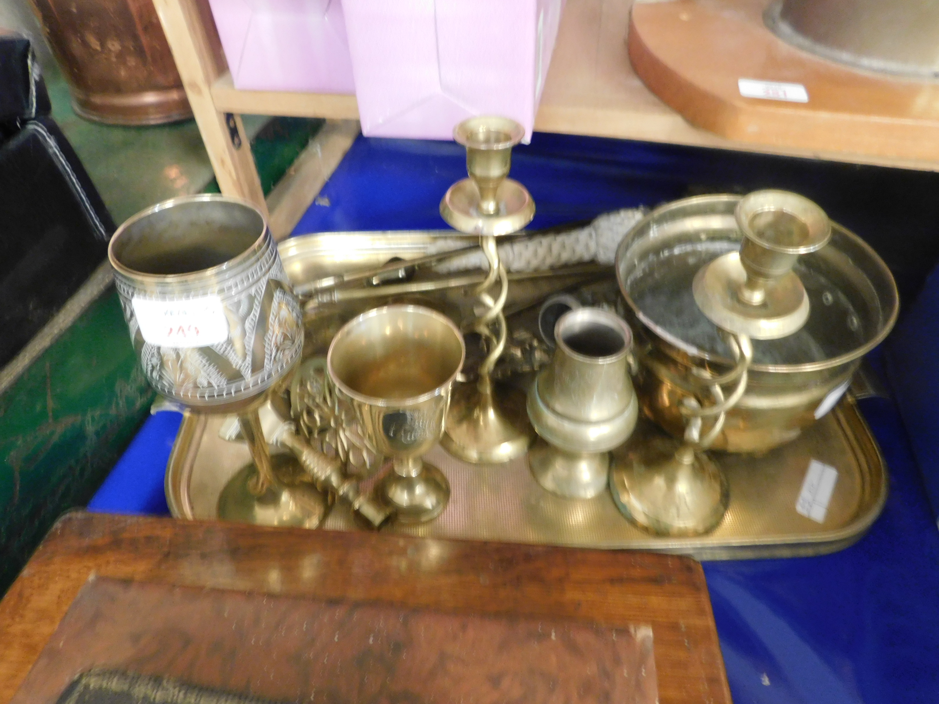 TRAY CONTAINING MIXED BRASS WARES, GOBLETS, CANDLE STICKS ETC