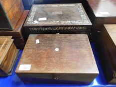 ROSEWOOD MOTHER OF PEARL INLAID TABLE BOX (A/F), TOGETHER WITH A FURTHER ROSEWOOD BOX (2)