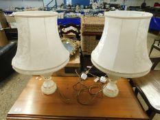 PAIR OF ALABASTER TYPE URNS WITH CREAM SHADES