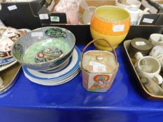 SHELLEY ORANGE AND YELLOW STYLISED VASE, A FURTHER MEYLING LUSTRE GLAZE BOWL ETC