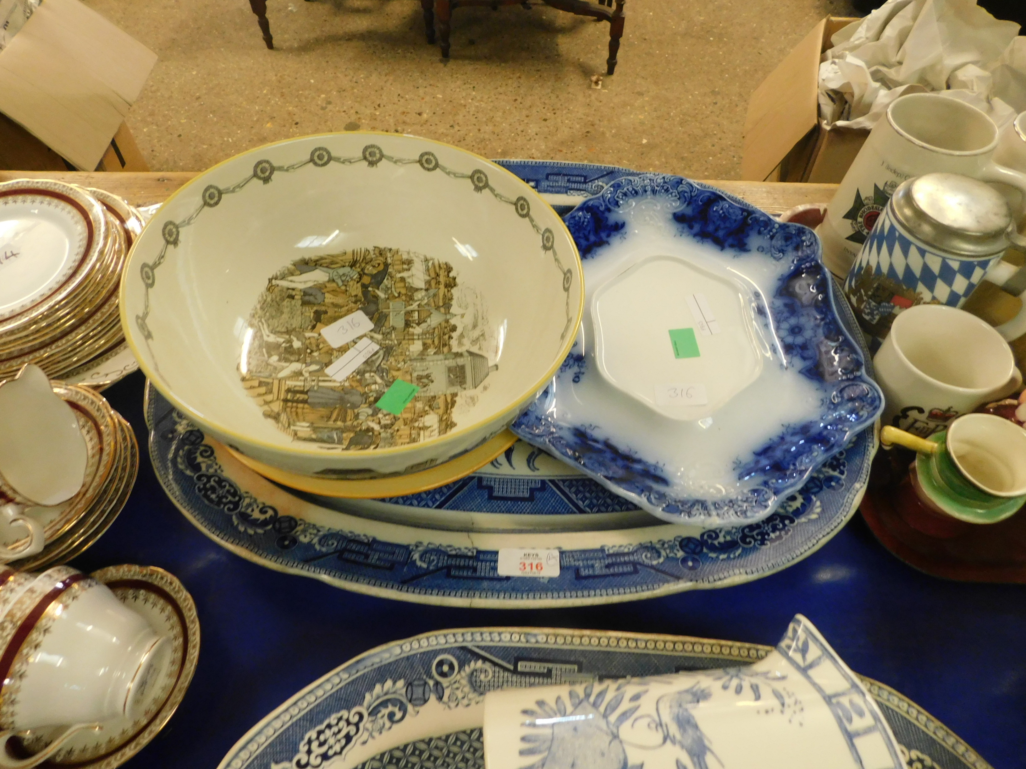 SHAND-KYDD POTTERY NEWMARKET BOWL, LARGE BLUE AND WHITE MEAT PLATE, CLARICE CLIFF TYPE DISH ETC