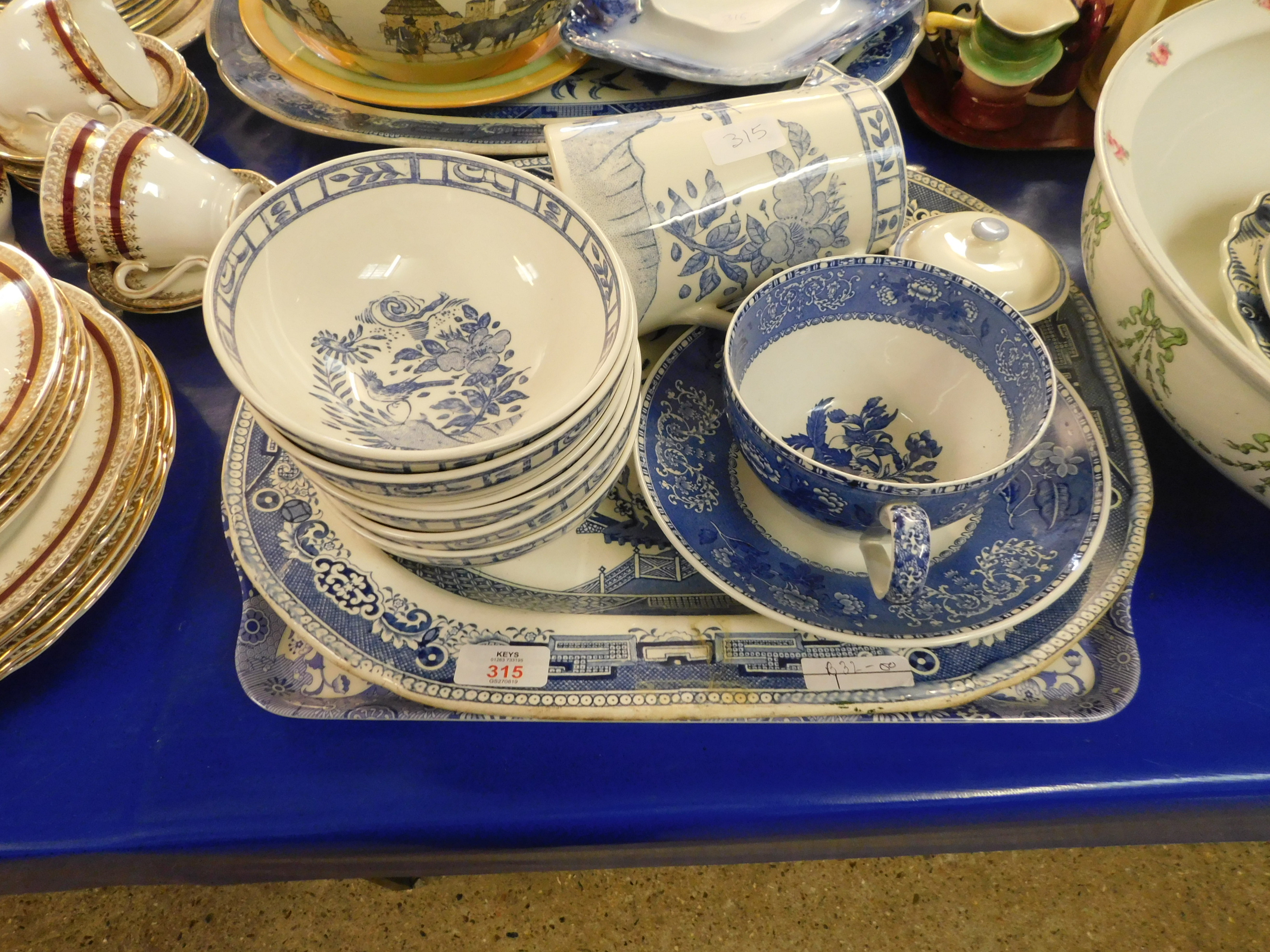 OLD WILLOW PATTERN PLATE WITH ASSORTED GIEN FRENCH BOWLS,