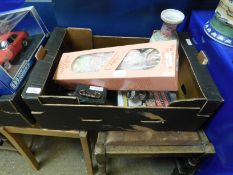 BOX CONTAINING PORCELAIN BOXED DOLL, MANTEL CLOCK, ORIENTAL VASE ETC