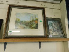 FRAMED WATERCOLOUR OF A CITY TOGETHER WITH A 19TH CENTURY FRAMED FRENCH PRINT "VUE DE L'ARC DE