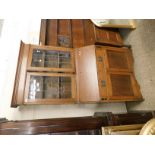 ARTS & CRAFTS OAK FRAMED BUREAU BOOKCASE WITH INLAID DETAIL, THE TOP FITTED WITH TWO LEADED AND