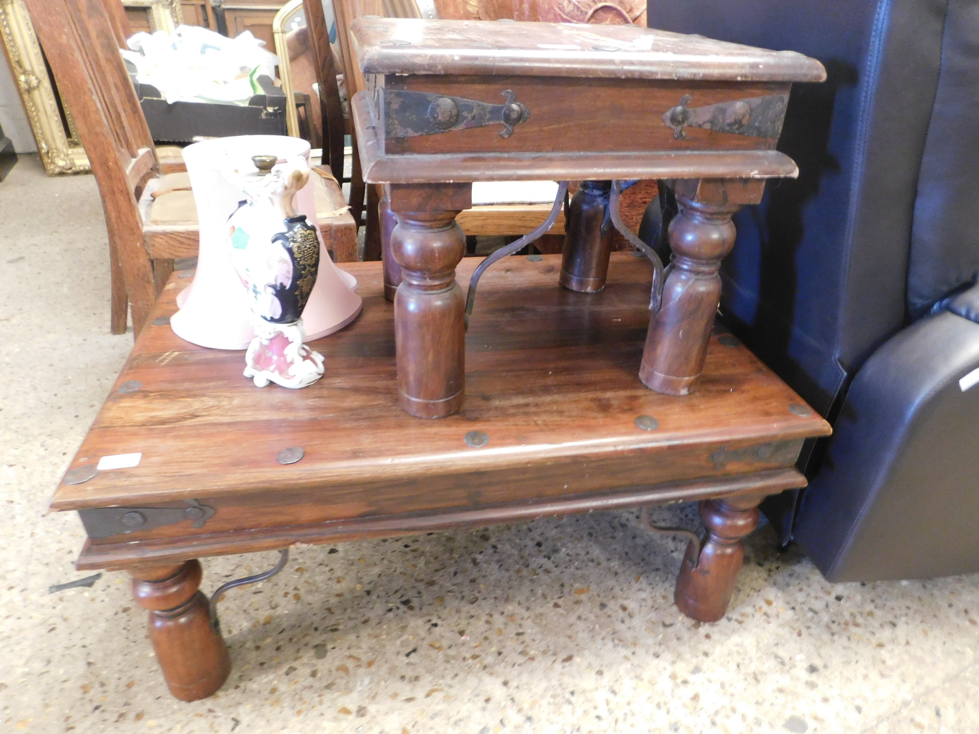 EASTERN HARDWOOD RECTANGULAR TABLE TOGETHER WITH A FURTHER SIMILAR SQUARE EXAMPLE (2)