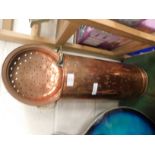 CIRCULAR COPPER SWING HANDLED BUCKET TOGETHER WITH A FURTHER SKIMMER AND JELLY MOULD (3)